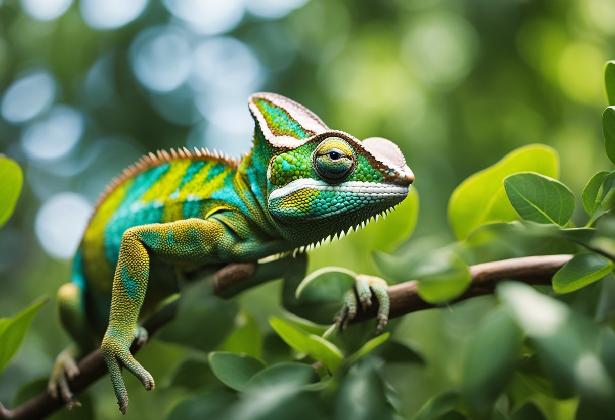 A chameleon perched on a branch, its vibrant colors blending with the surrounding foliage, symbolizing adaptability and spiritual transformation