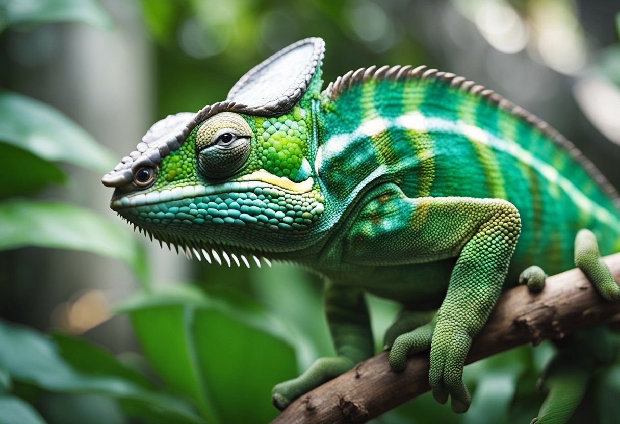 A chameleon changing colors in the jungle, symbolizing adaptability and spiritual transformation