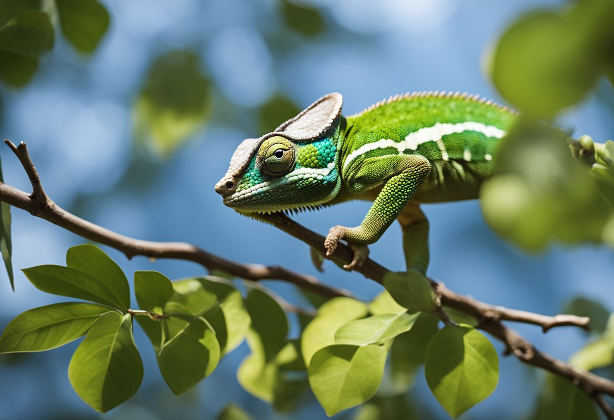 A chameleon perches on a branch, blending into its surroundings with its changing colors, symbolizing adaptability and transformation