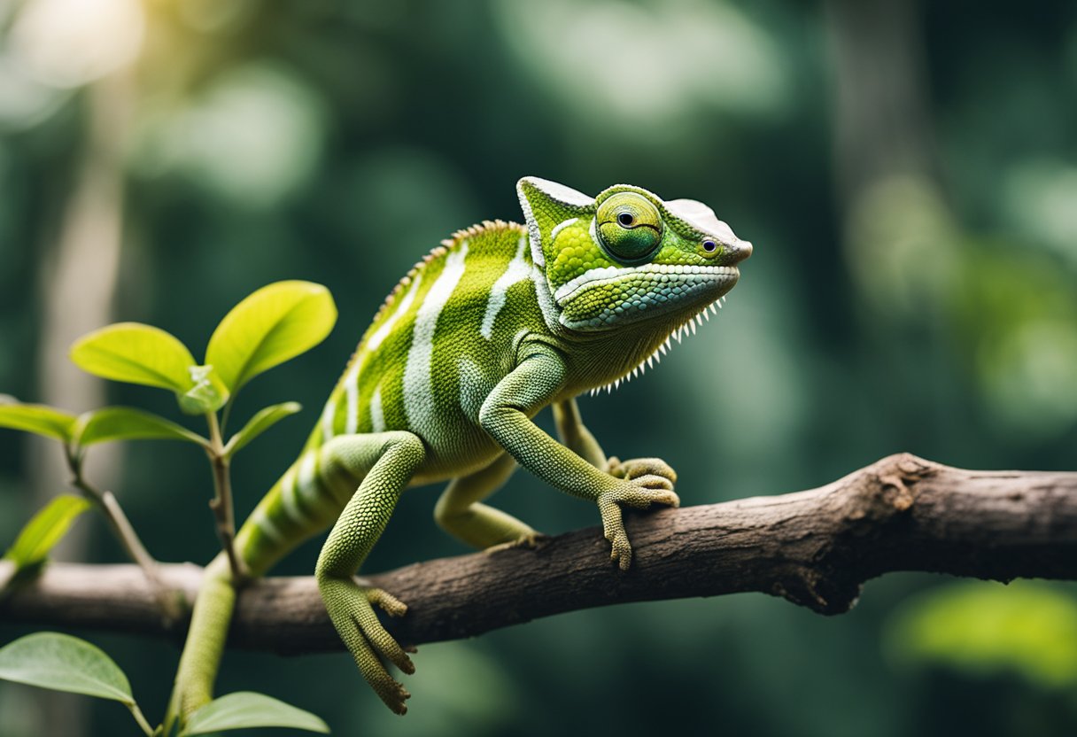 A chameleon perched on a branch, blending into its surroundings, symbolizing adaptability and change