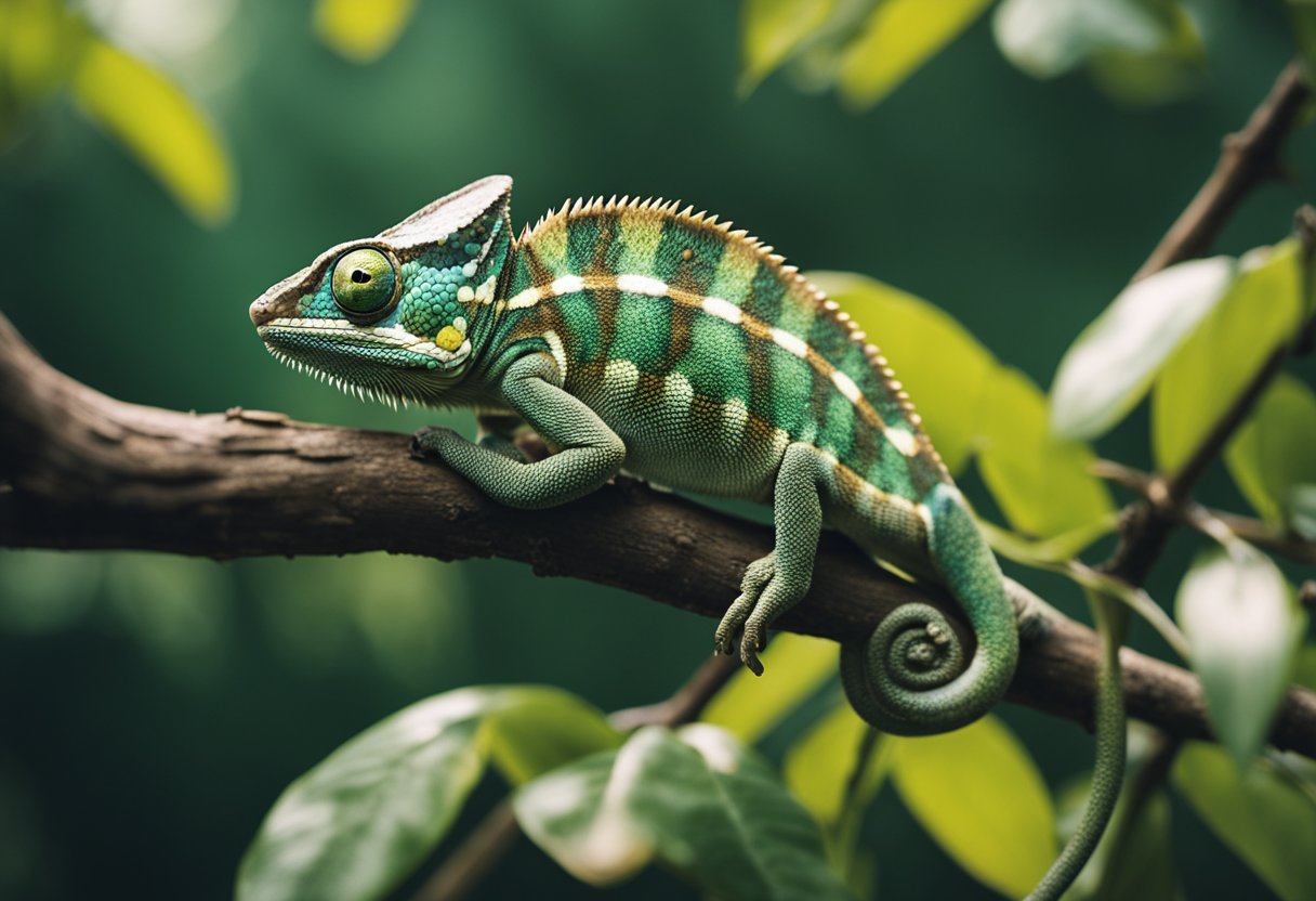 A chameleon perched on a branch, blending into its surroundings, symbolizing adaptability and intuition in dreams and clairvoyance