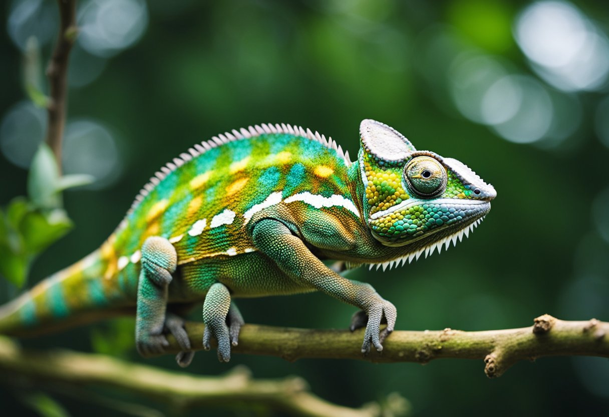 A chameleon perches on a branch, blending into its surroundings. Its changing colors symbolize adaptation and resilience in the face of personal challenges
