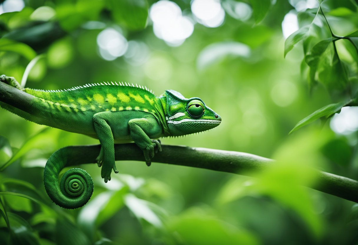 A lush forest with chameleons blending into foliage, symbolizing adaptability and environmental harmony