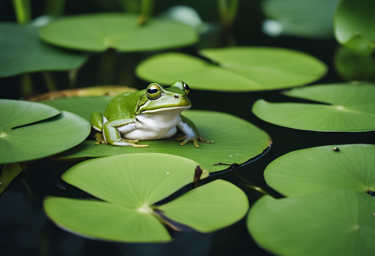 A green frog sits on a lily pad, surrounded by lush vegetation, symbolizing growth, rebirth, and transformation in nature