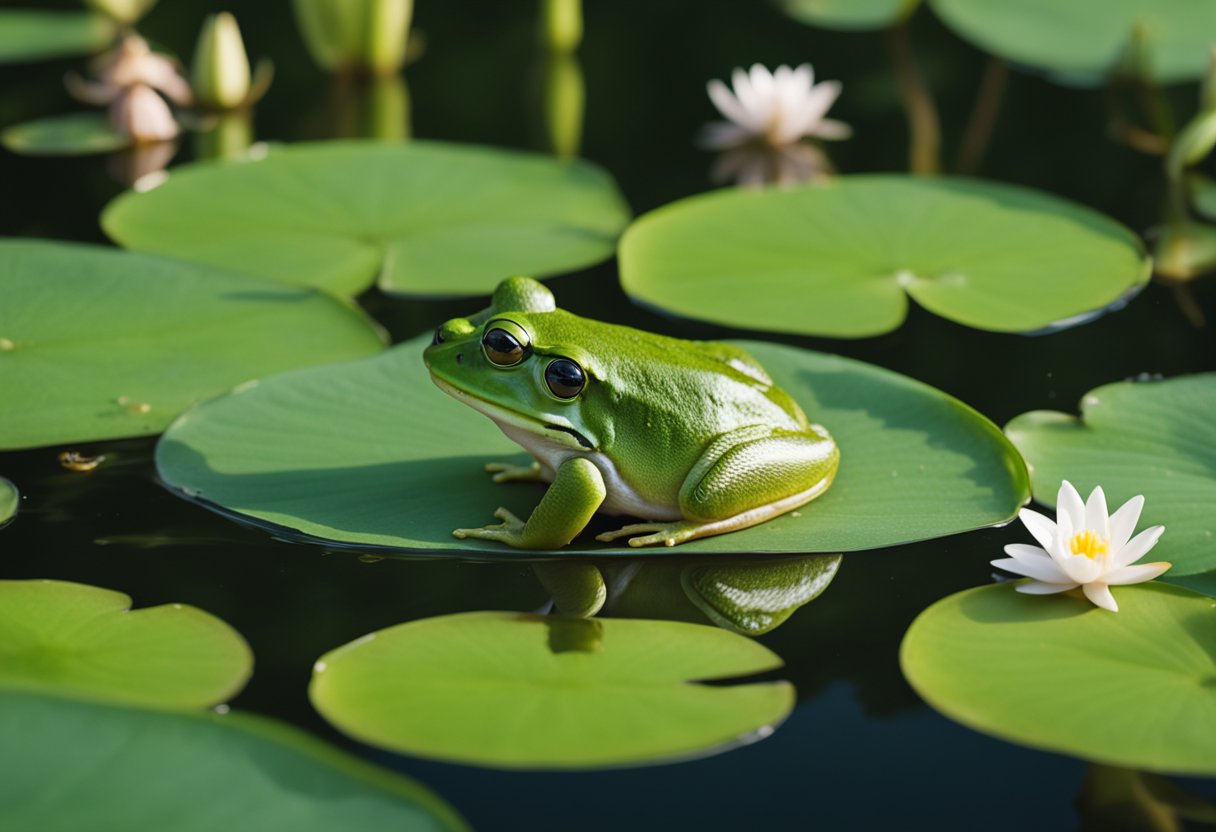 A green frog sits on a lily pad, surrounded by tadpoles and fully grown frogs. The scene depicts the life stages of frogs, symbolizing transformation and growth in the spiritual realm