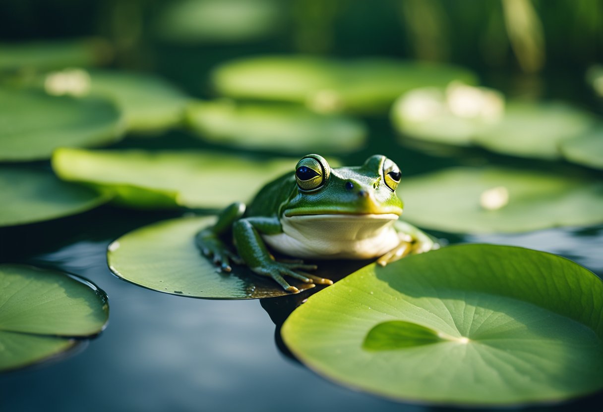A green frog sits on a lily pad in a serene pond, surrounded by lush greenery and flowing water, symbolizing the spiritual connection between water and the environment