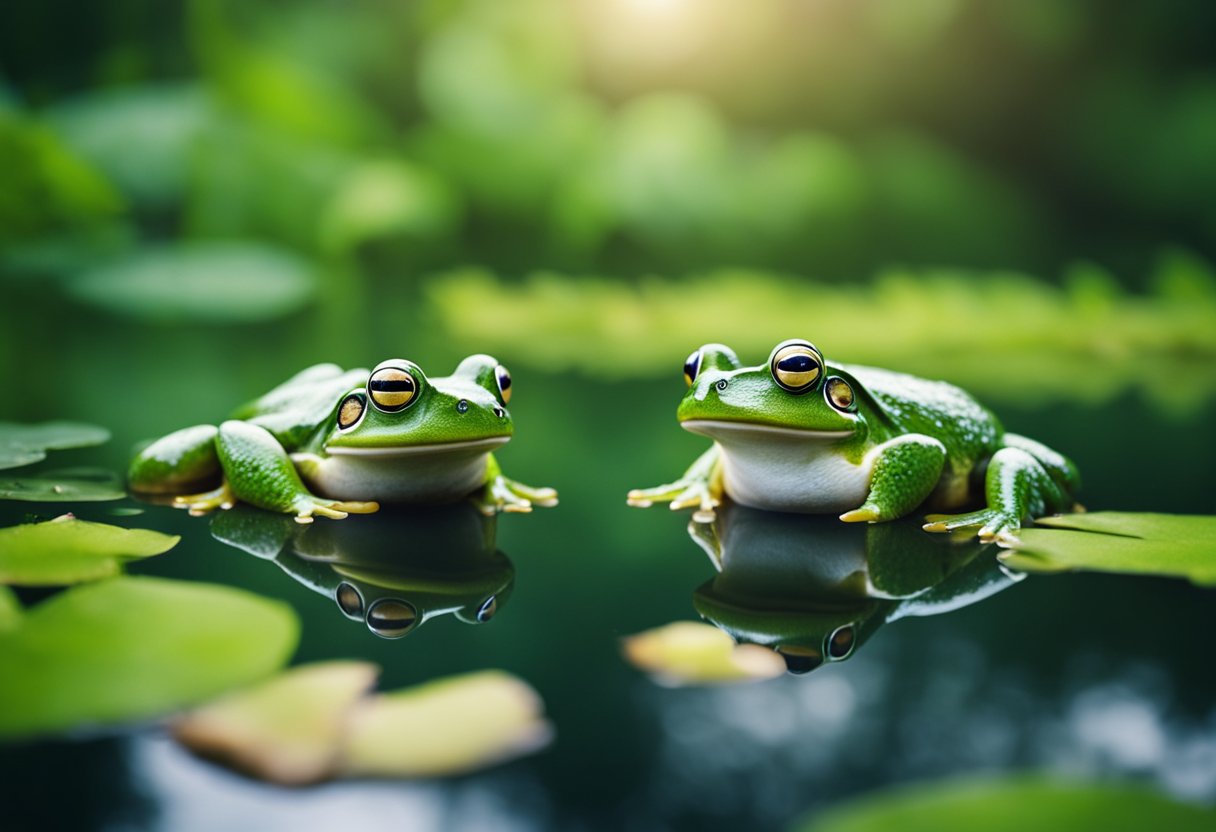 Frogs surround a serene pond, their vibrant green bodies symbolizing spiritual and emotional healing