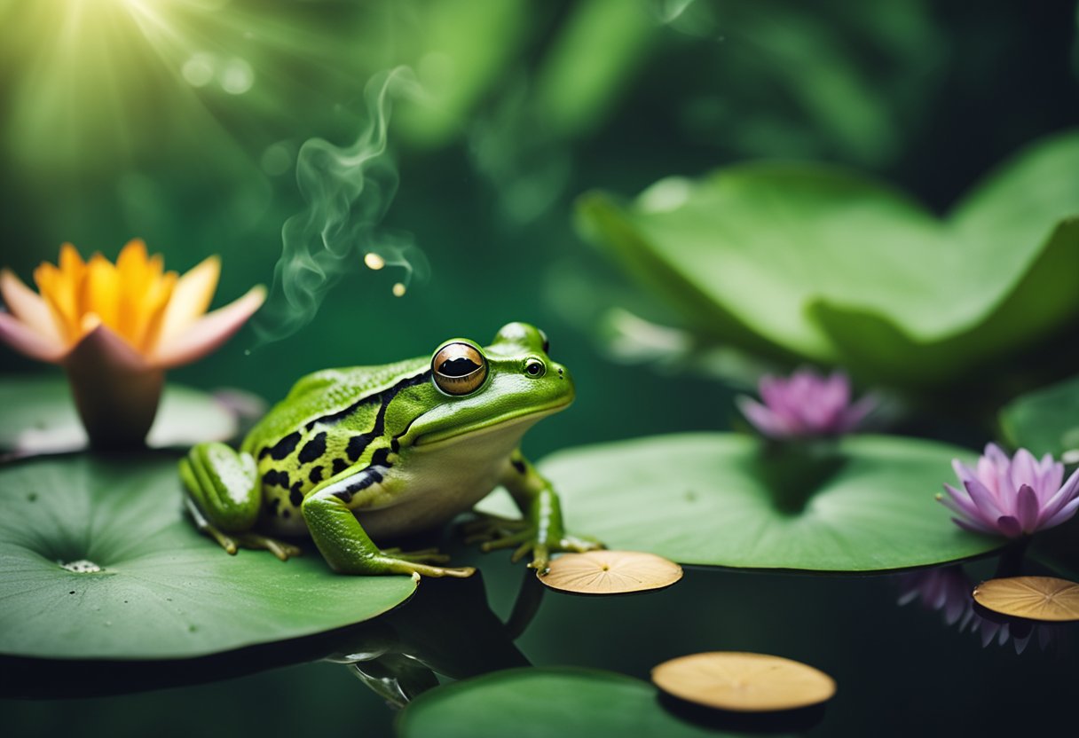 A green frog sits on a lily pad, surrounded by mystical symbols and incense smoke, representing divination and spiritual practice