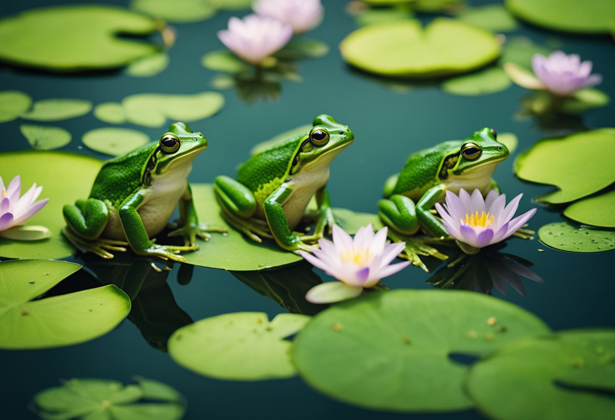 A group of vibrant green frogs leap joyfully among lush, blooming lily pads, symbolizing prosperity and abundance in their natural habitat