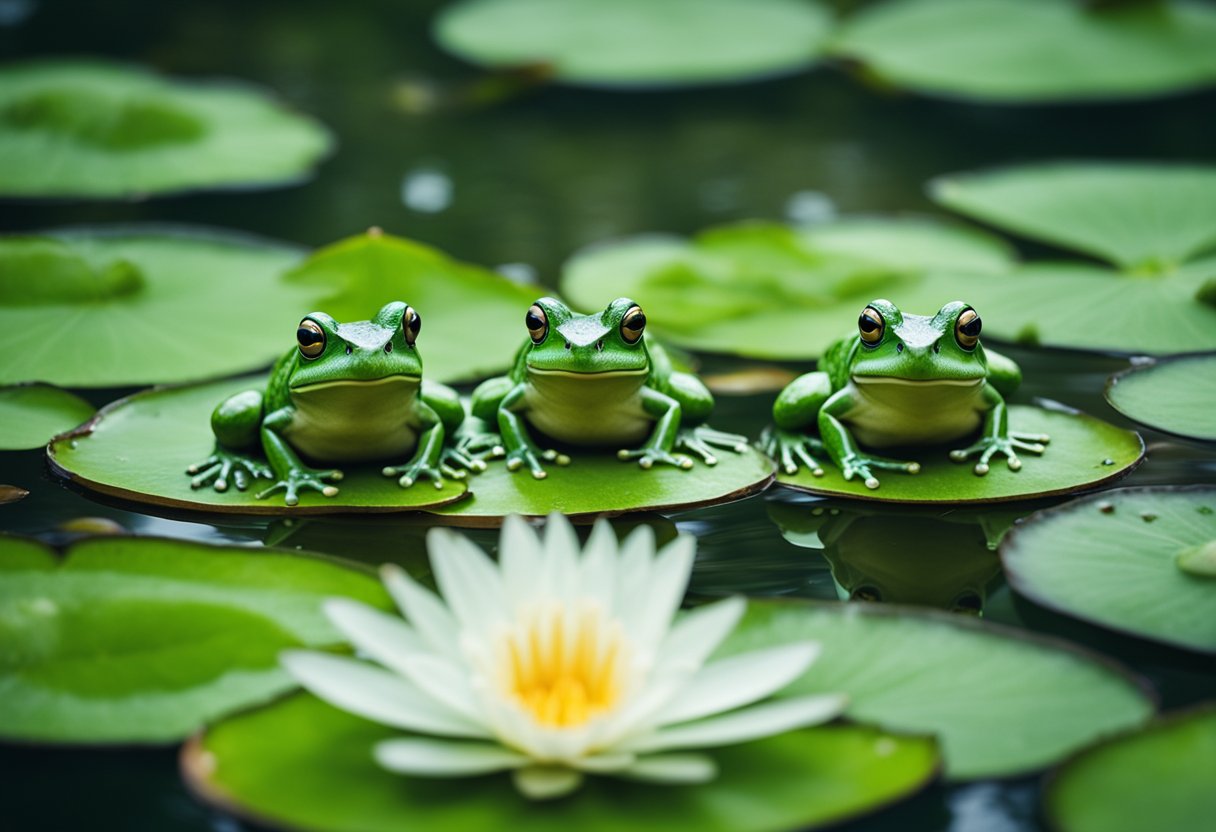 A group of green frogs sitting on lily pads, surrounded by lush vegetation and a tranquil pond, symbolizing spiritual connection and totems