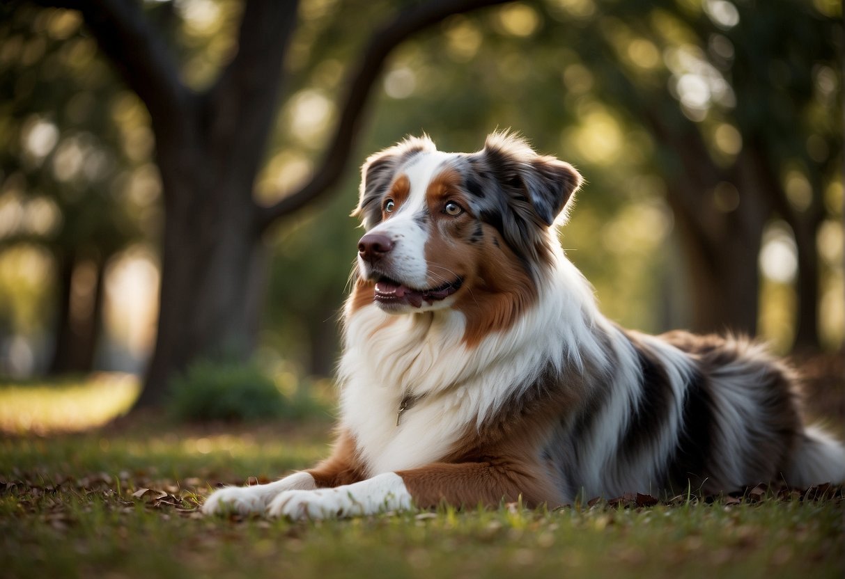 An Australian shepherd peacefully rests under a shady tree, its alert eyes observing the surroundings