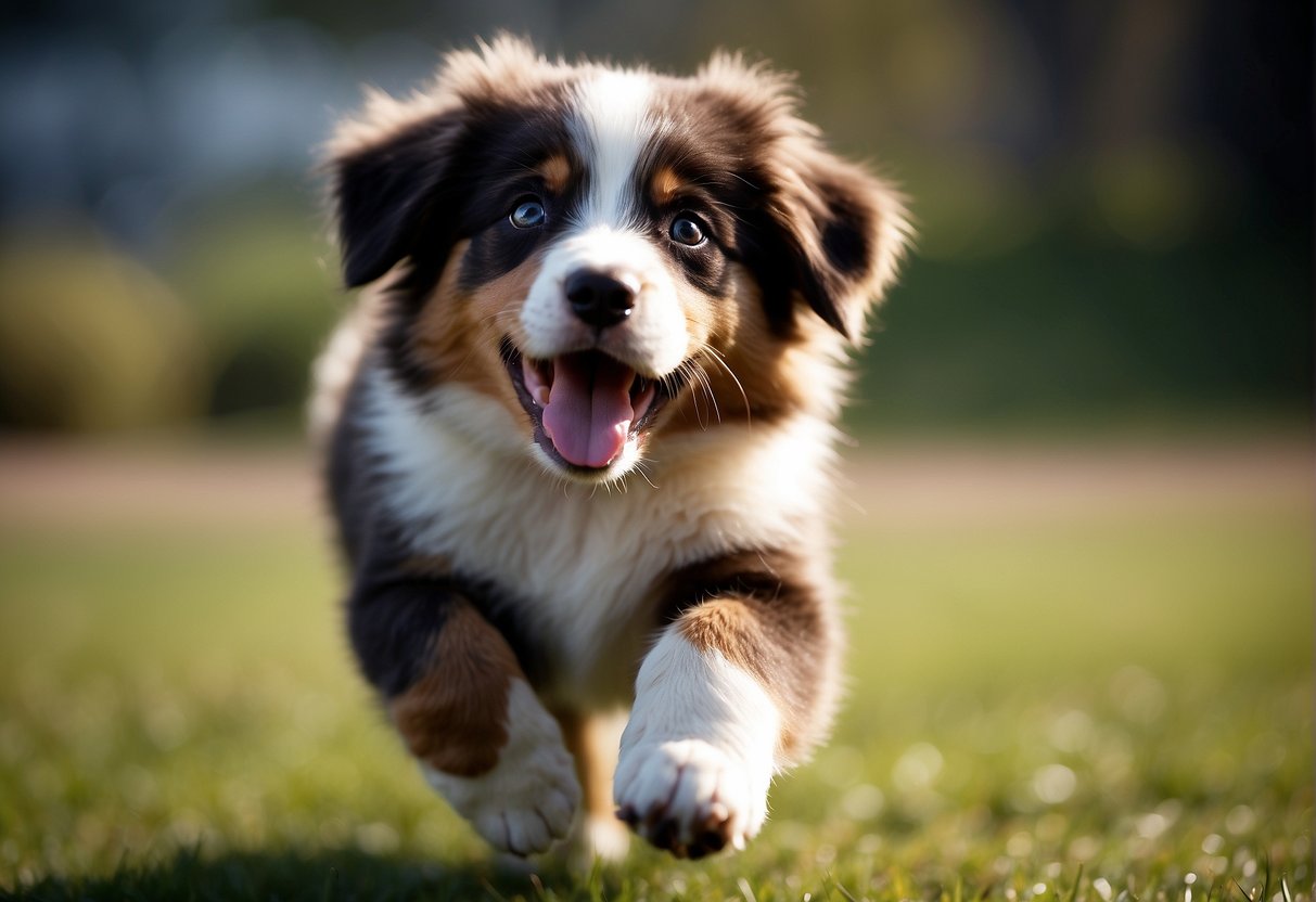 An Australian shepherd puppy playing energetically, then gradually calming down as it reaches adulthood