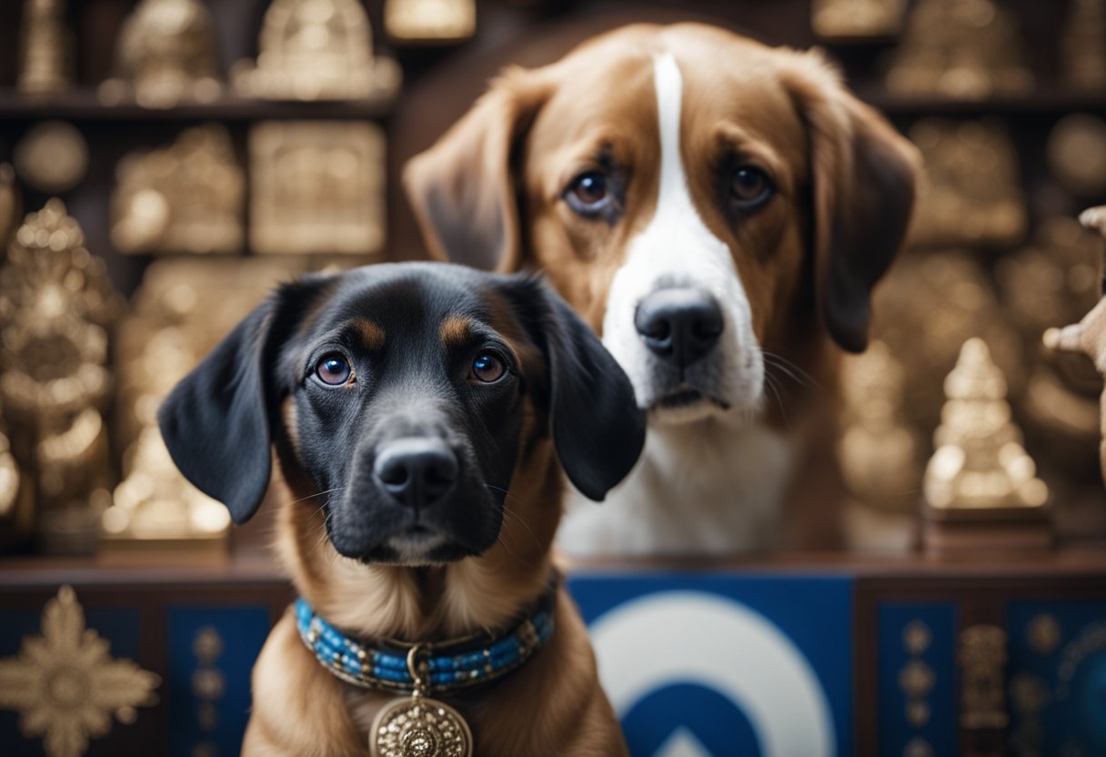 A dog with one blue eye and one brown eye sits in front of a collection of cultural symbols representing various spiritual beliefs