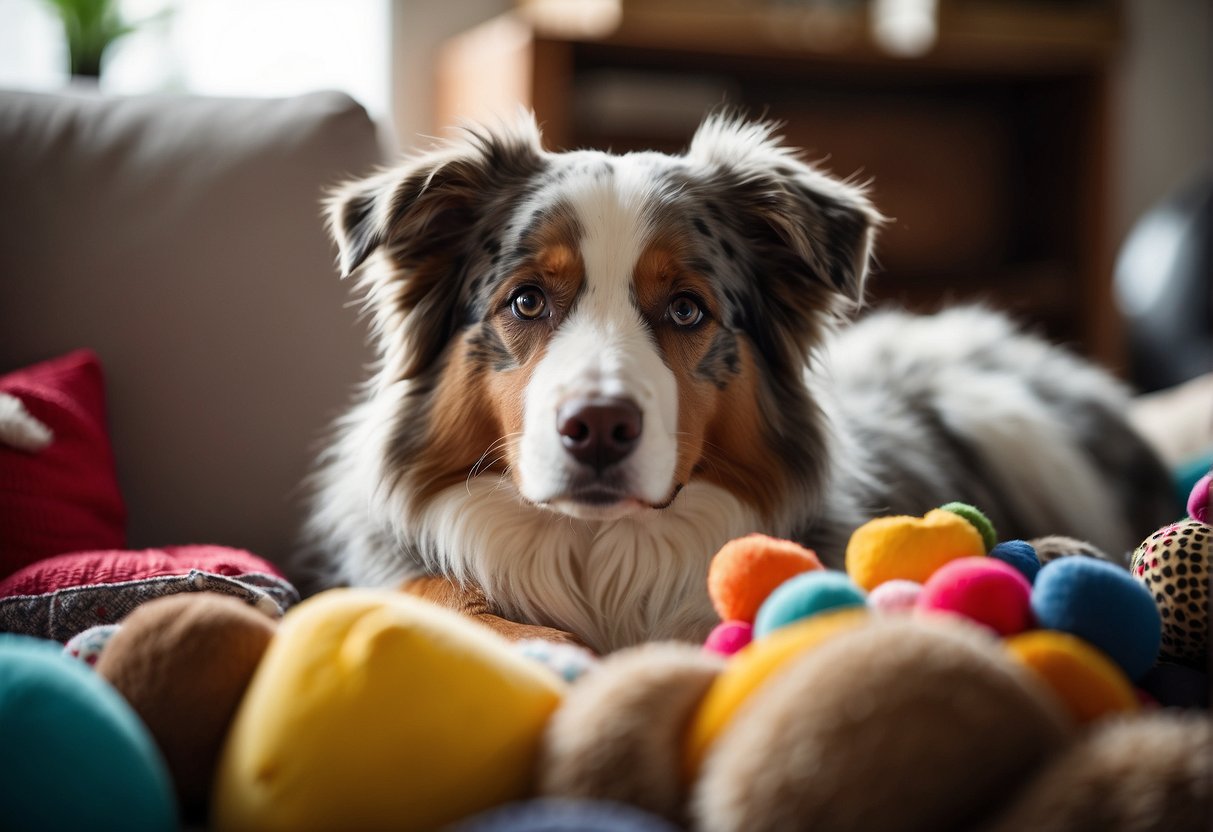 An Australian shepherd dog peacefully resting, surrounded by toys and a comfortable bed, with a serene expression on its face
