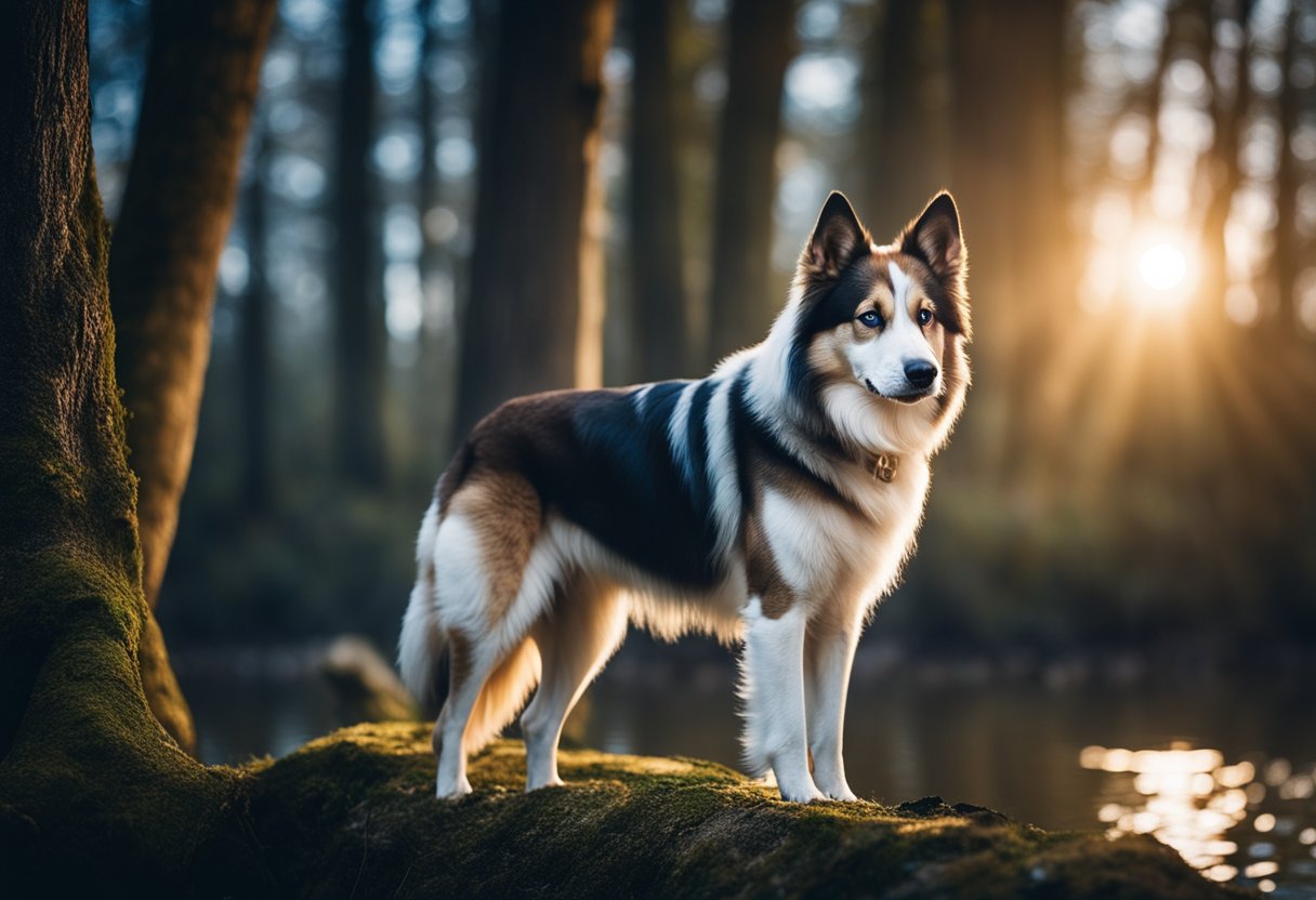 A majestic dog with one blue eye and one brown eye, standing in a forest with a glowing moon and a shimmering river, representing duality and spiritual insight