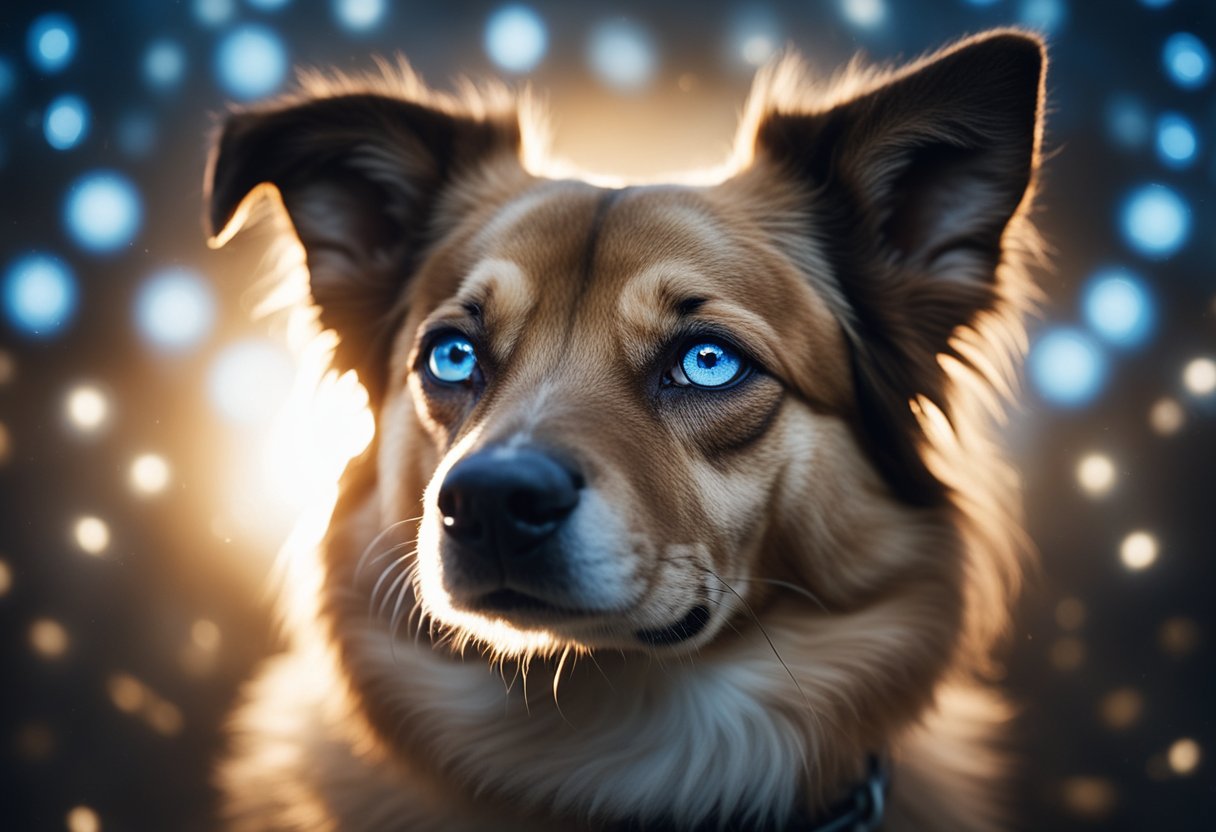 A dog with one blue eye and one brown eye, surrounded by ethereal light and symbols representing spiritual guidance