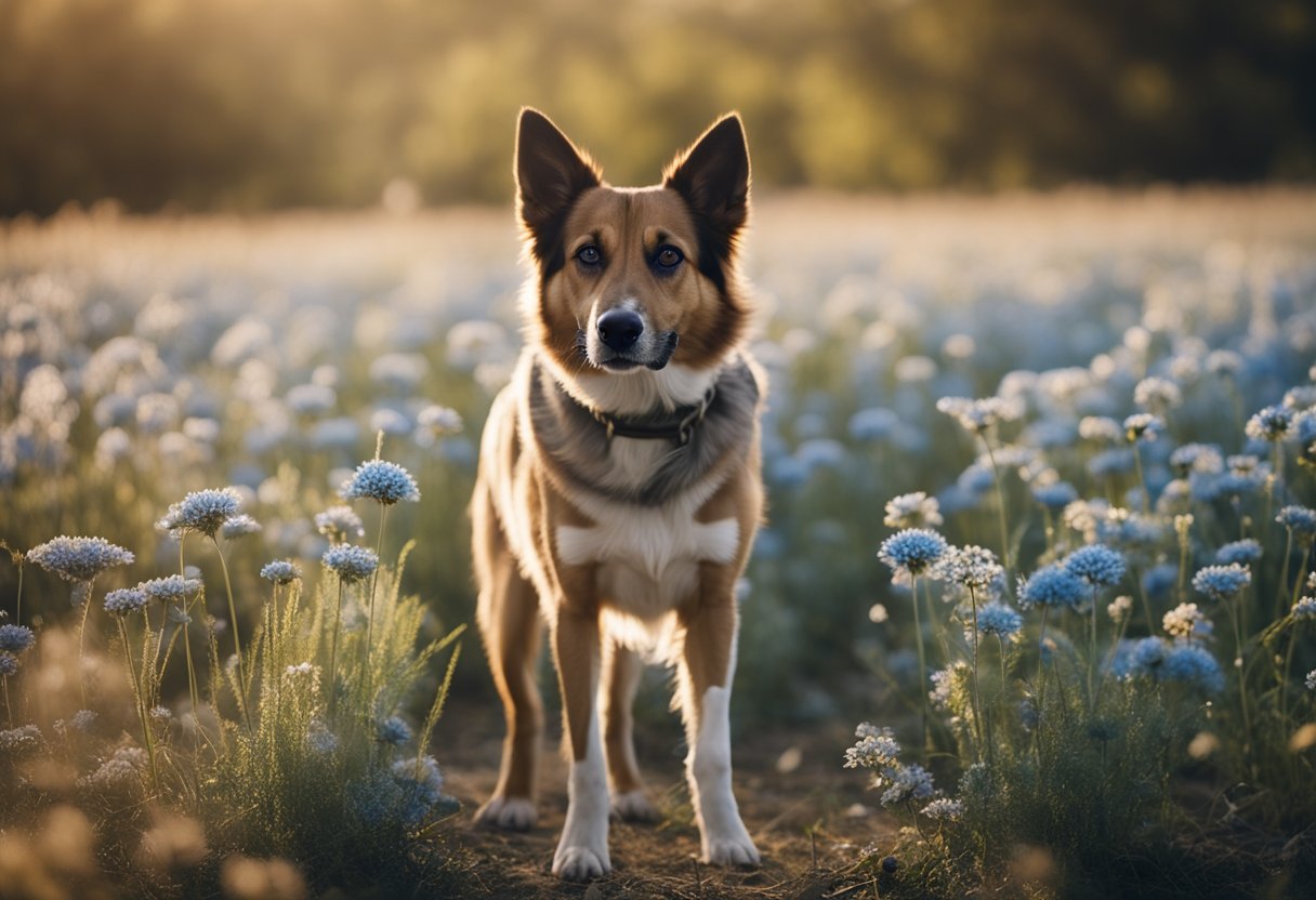 A dog with one blue eye and one brown eye, standing in a field with a calm expression, surrounded by symbols of balance and harmony