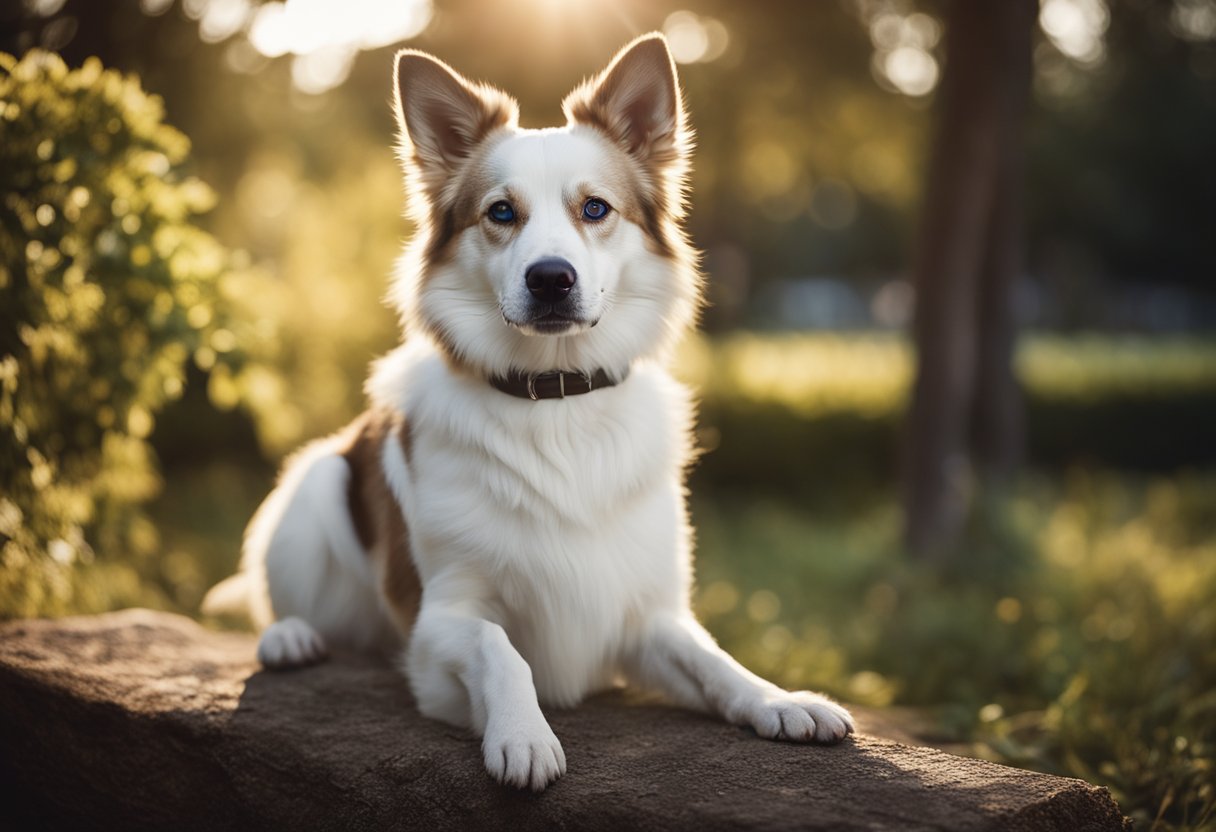 A dog with heterochromia sits calmly, one blue eye and one brown eye gazing out. The sunlight filters through the trees, casting a warm glow on the dog's fur