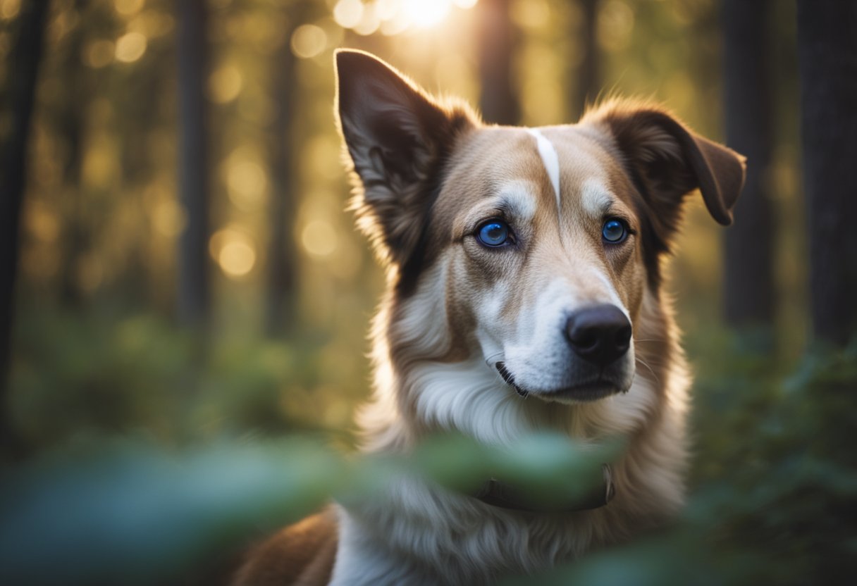 A dog with one blue eye and one brown eye gazes into a tranquil forest, symbolizing spiritual depth and insight