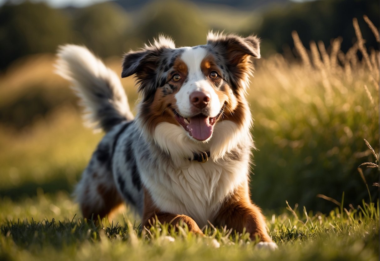 An Australian shepherd dog playing in a grassy field under the bright sun, surrounded by rolling hills and a clear blue sky