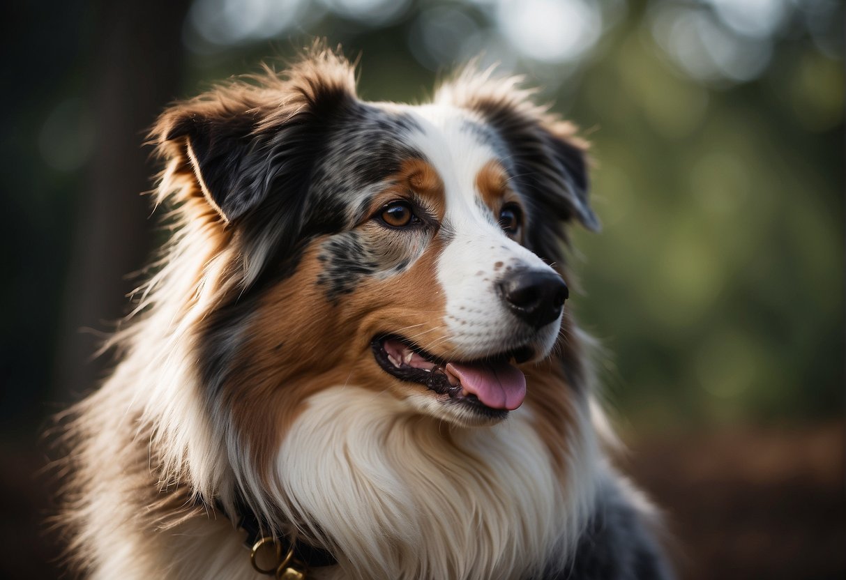 The Australian Shepherd stands alert, with a thick double coat and a strong, agile build. Its eyes are bright and intelligent, reflecting its good health and vitality