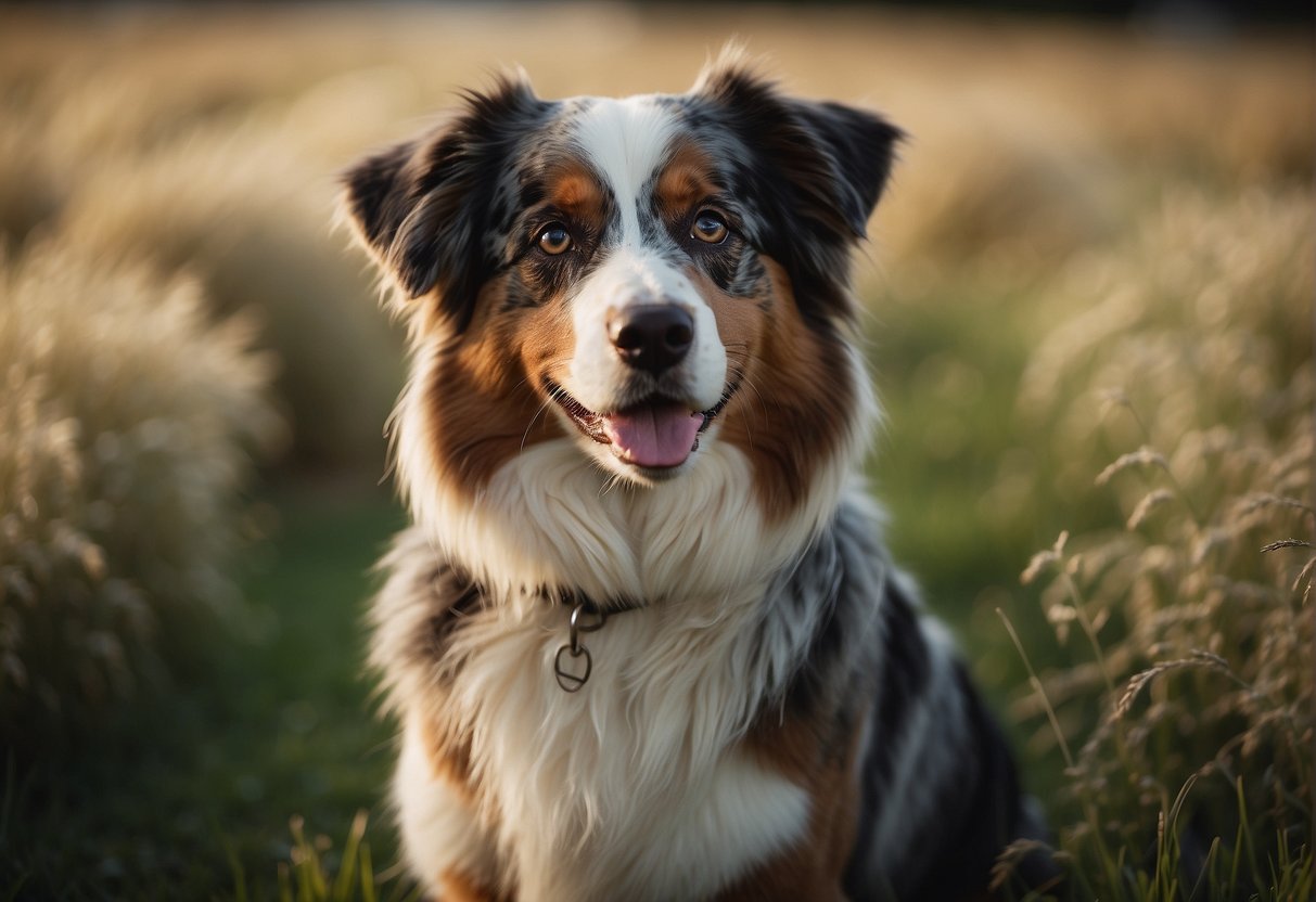 An Australian shepherd dog standing in a grassy field, looking alert with its ears perked up and its tail wagging