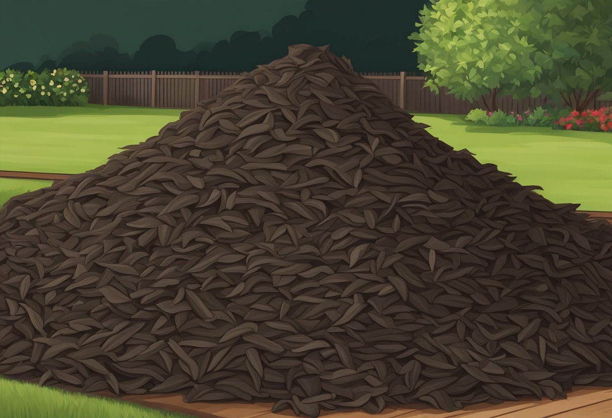 A pile of dark brown lowes mulch sits neatly stacked in a garden bed, ready to be spread out for landscaping