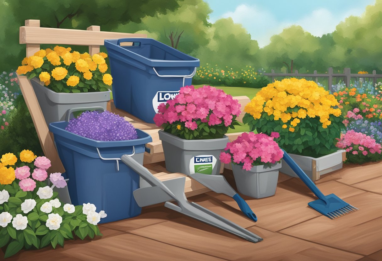Lowe's mulch bags stacked next to gardening tools, surrounded by blooming flowers and trees