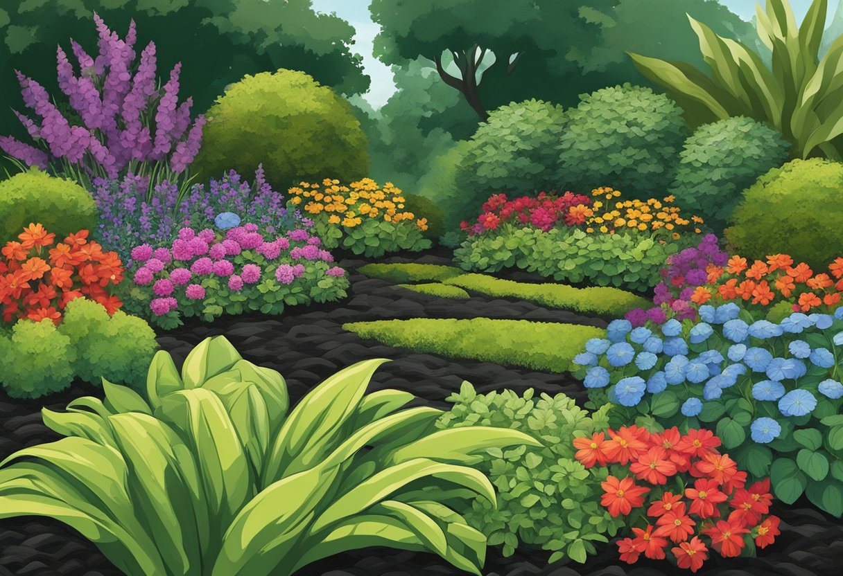 A lush garden bed with vibrant flowers and plants, surrounded by a layer of rich, dark black mulch. The mulch helps retain moisture, suppresses weeds, and adds a polished, professional look to the garden
