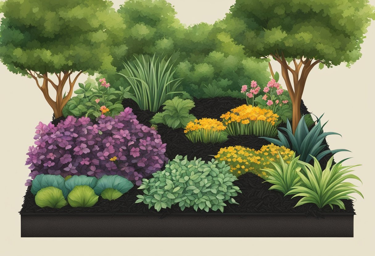 A garden bed with black mulch spread evenly, surrounding plants