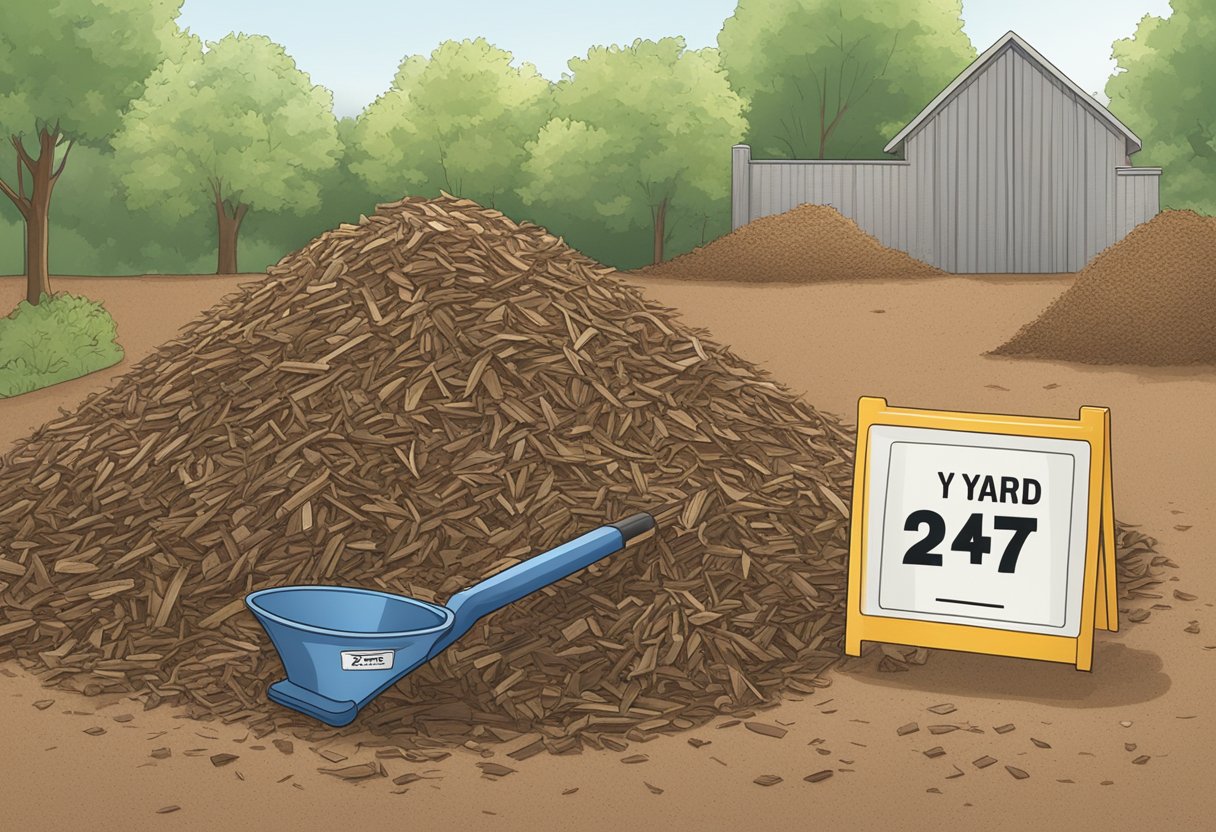 A yardstick measures a pile of mulch, with a sign nearby reading "1 yard = 27 cubic feet."