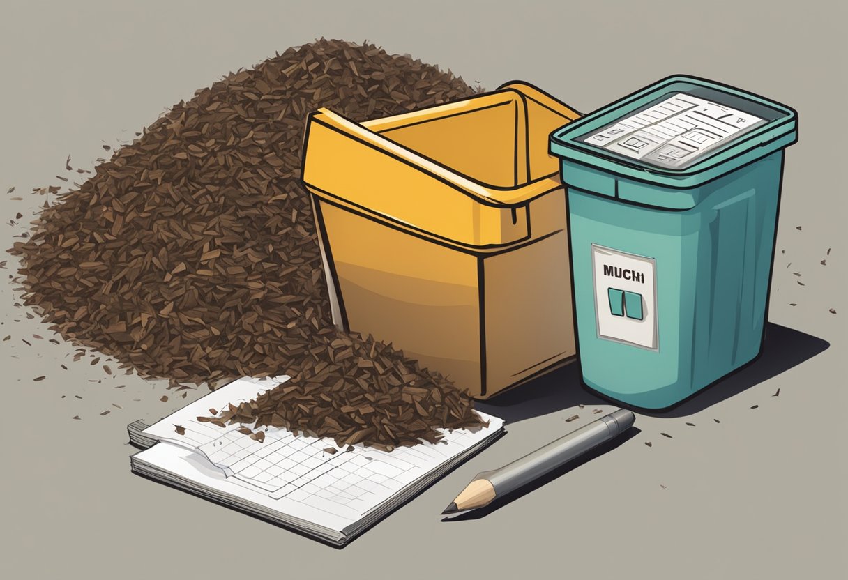 A pile of mulch spilling out of a yardstick-marked container, with a calculator and formula written on a notepad nearby