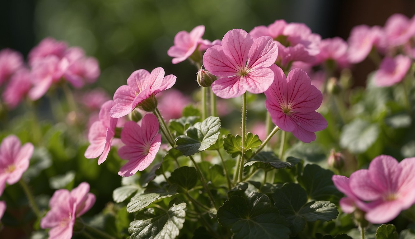 A geranium plant grows in a sunny garden, its vibrant pink flowers releasing a sweet, floral aroma into the air