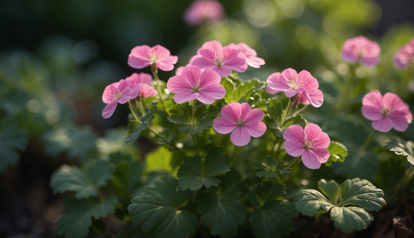 A geranium plant emits a sweet, floral aroma, with vibrant green leaves and delicate pink flowers