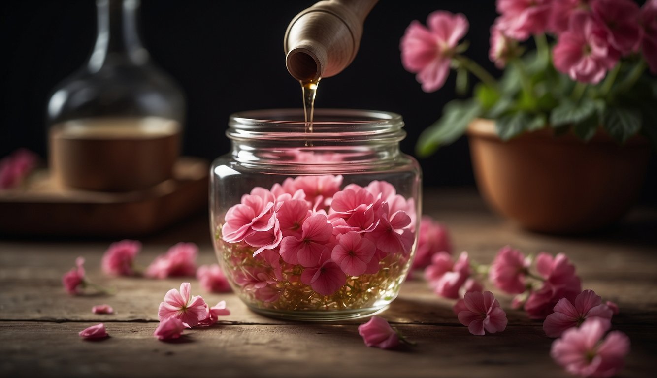 A hand pours geranium petals into a glass jar, while a mortar and pestle crush the petals to release their aromatic oils