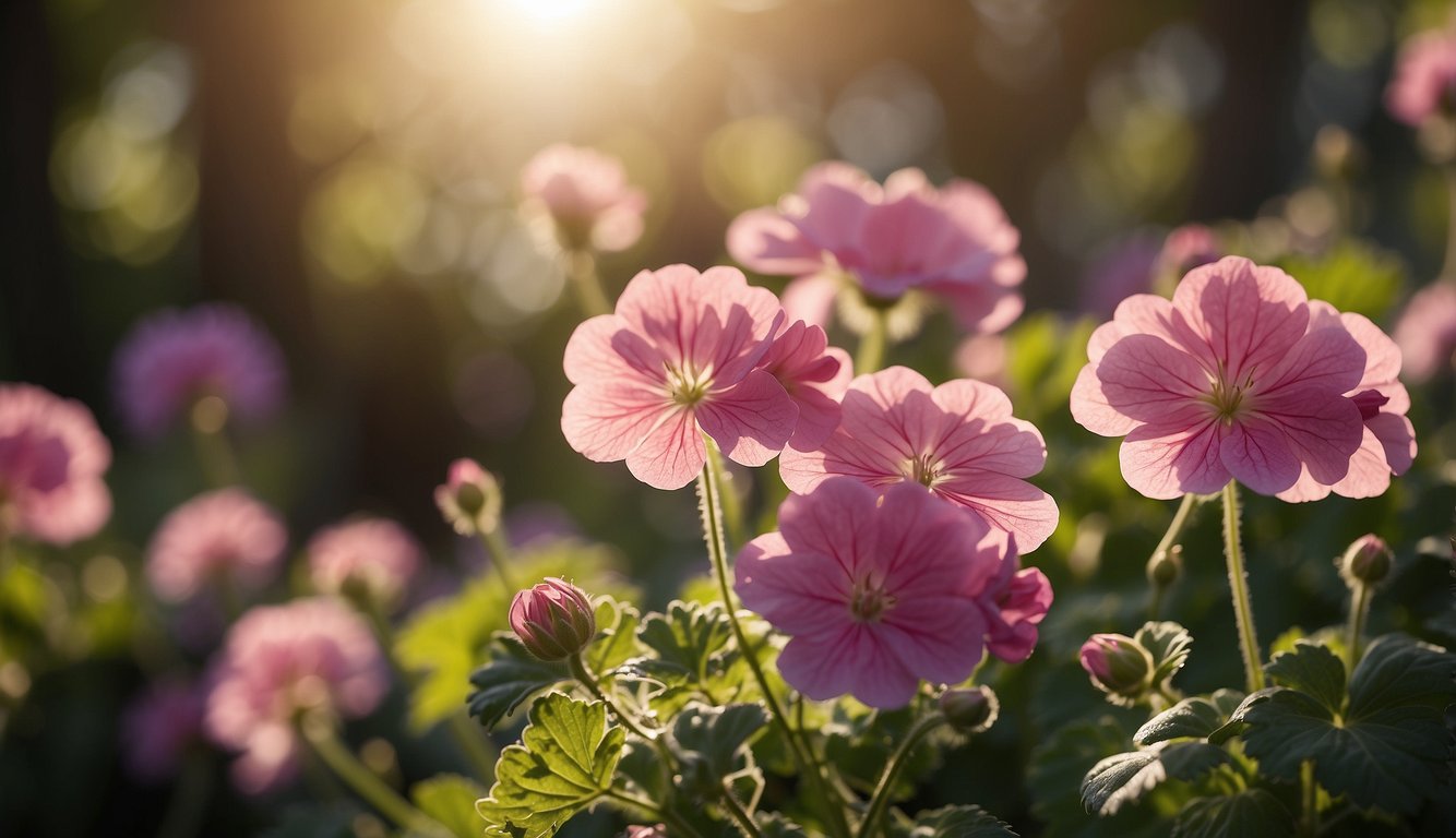 Vibrant geranium flowers releasing soothing aroma in a sunlit garden