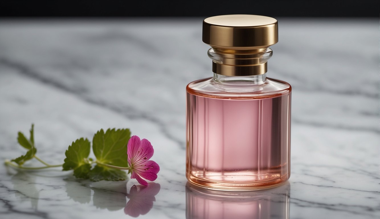 A clear glass bottle of geranium oil sits on a marble countertop, with a few drops of oil glistening on the surface. The soft, floral aroma of geranium fills the air