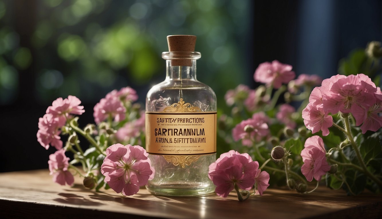 A glass bottle labeled "Safety and Precautions Geranium Aroma" emitting a soft, floral scent with caution symbols and warning signs surrounding it