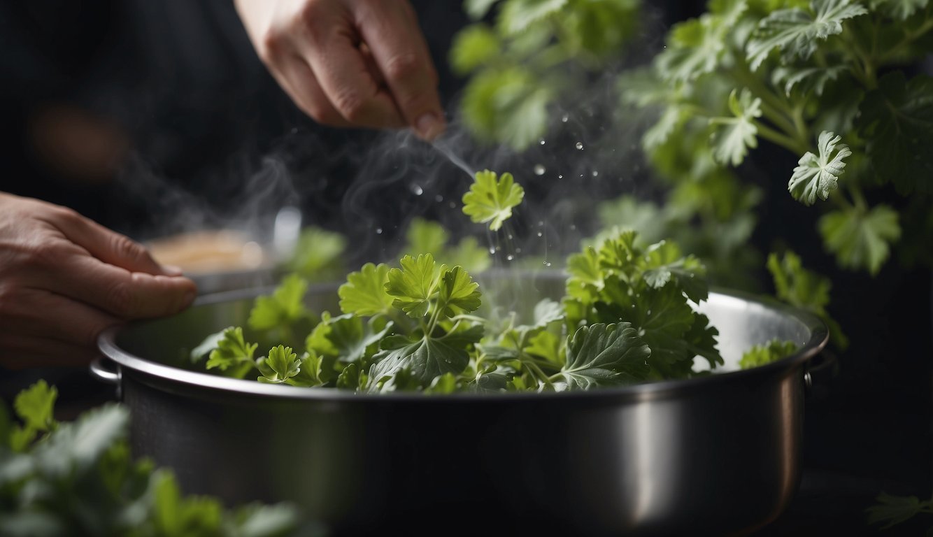 Geranium leaves being crushed, releasing a sweet floral aroma into the air. A chef sprinkles the fragrant leaves into a pot of simmering soup