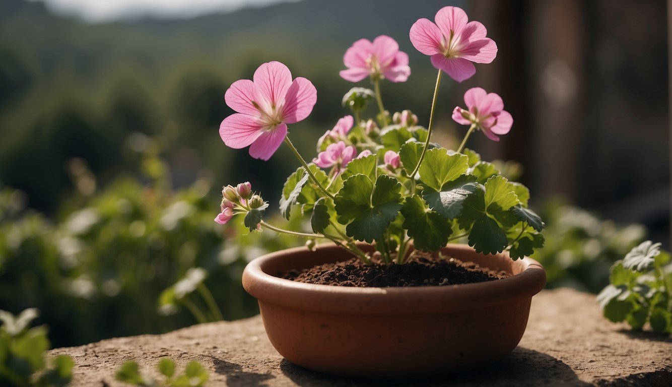 A geranium plant releasing its fragrant aroma, surrounded by cultural symbols like traditional pottery and textiles