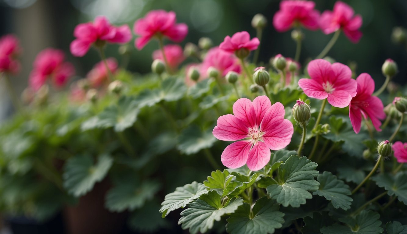 A vibrant geranium plant emits a fragrant aroma, surrounded by curious onlookers with questioning expressions