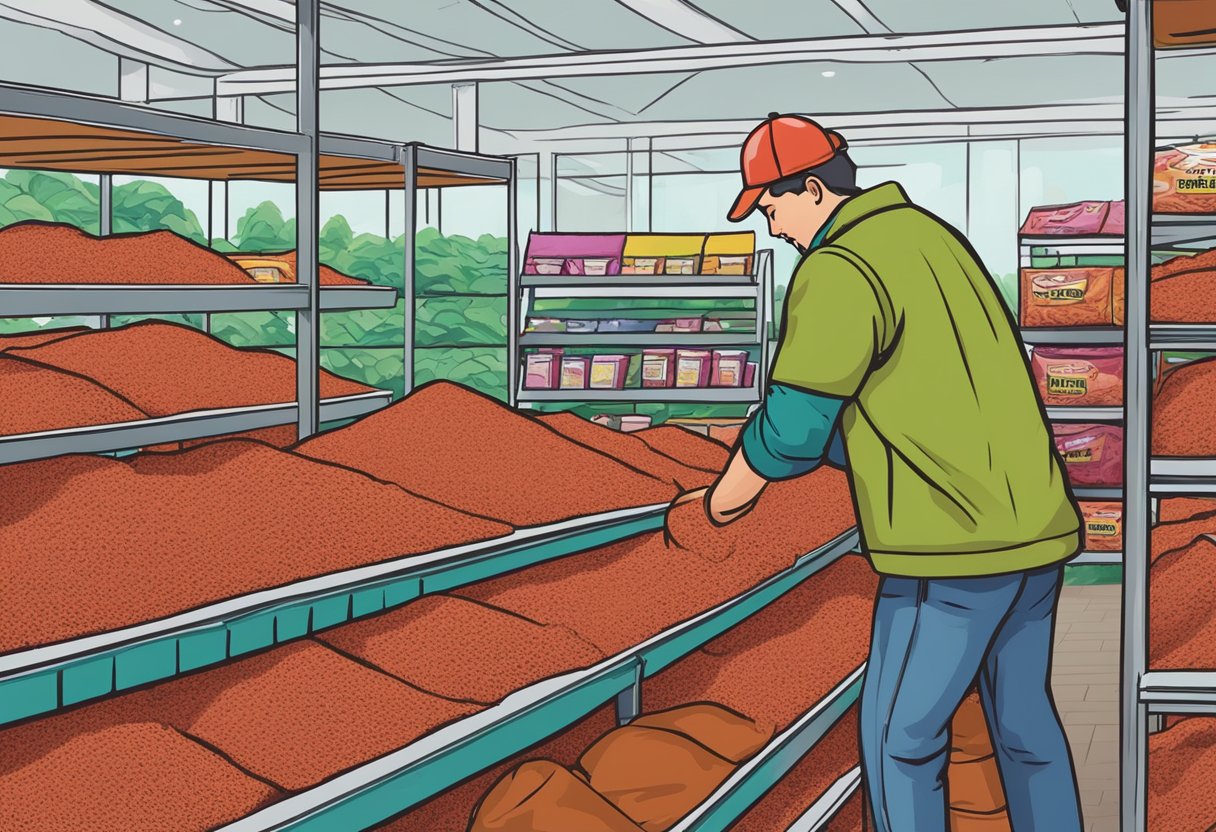A person at a garden center selecting and purchasing bags of vibrant red mulch from a display shelf