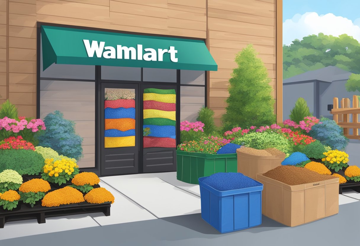 A pallet of Walmart mulch sits outside the store, surrounded by colorful bags and a garden display