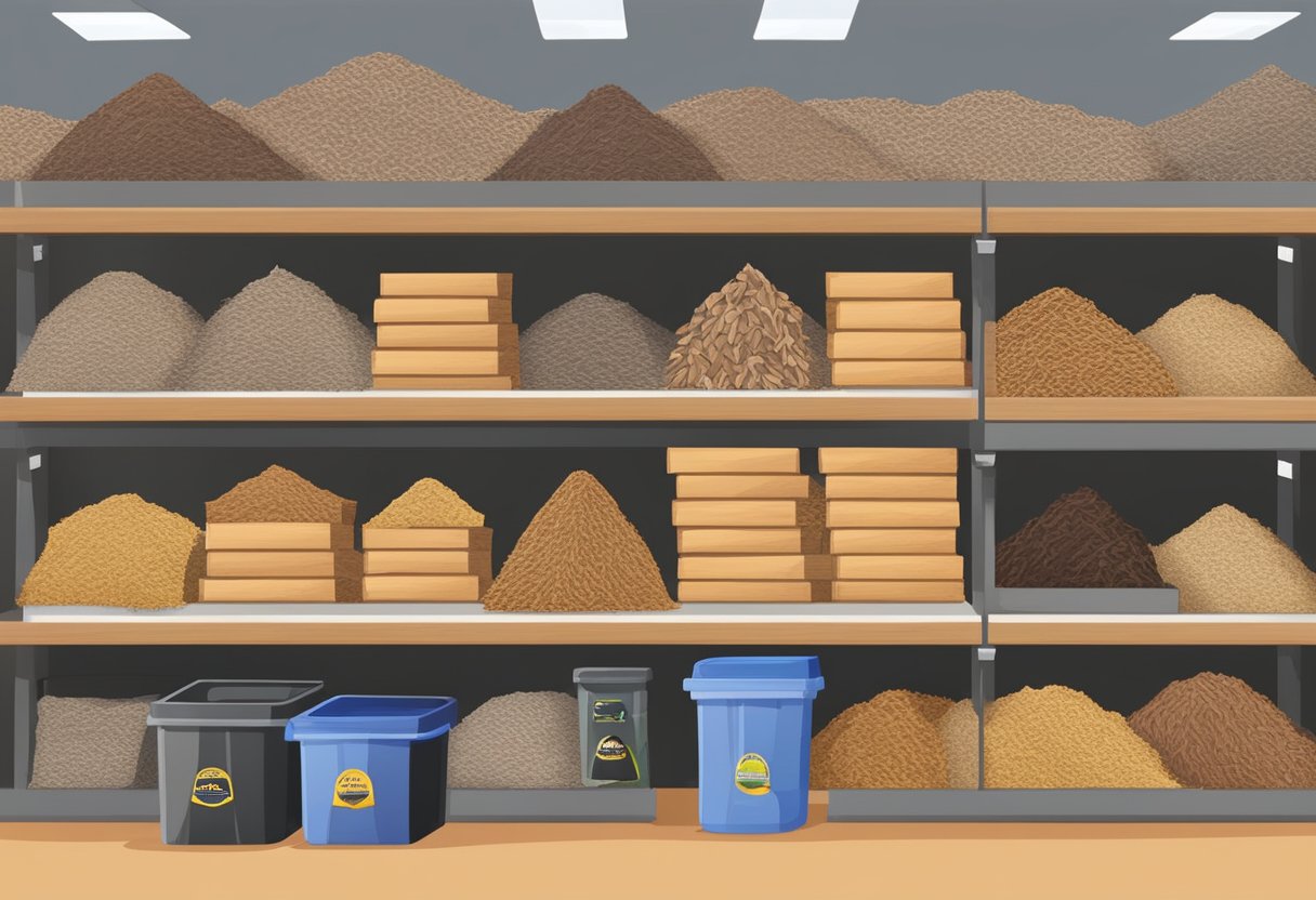 Various mulch types neatly displayed on shelves at Walmart. Bags of wood chips, bark, and rubber mulch in different colors and sizes