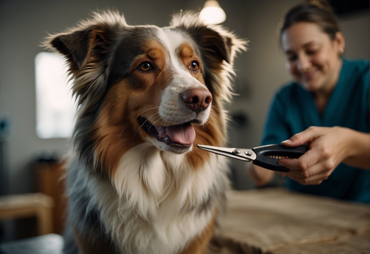 A groomer brushes a standing Australian Shepherd, holding a pair of scissors and a comb. The dog is calm and cooperative during the grooming process