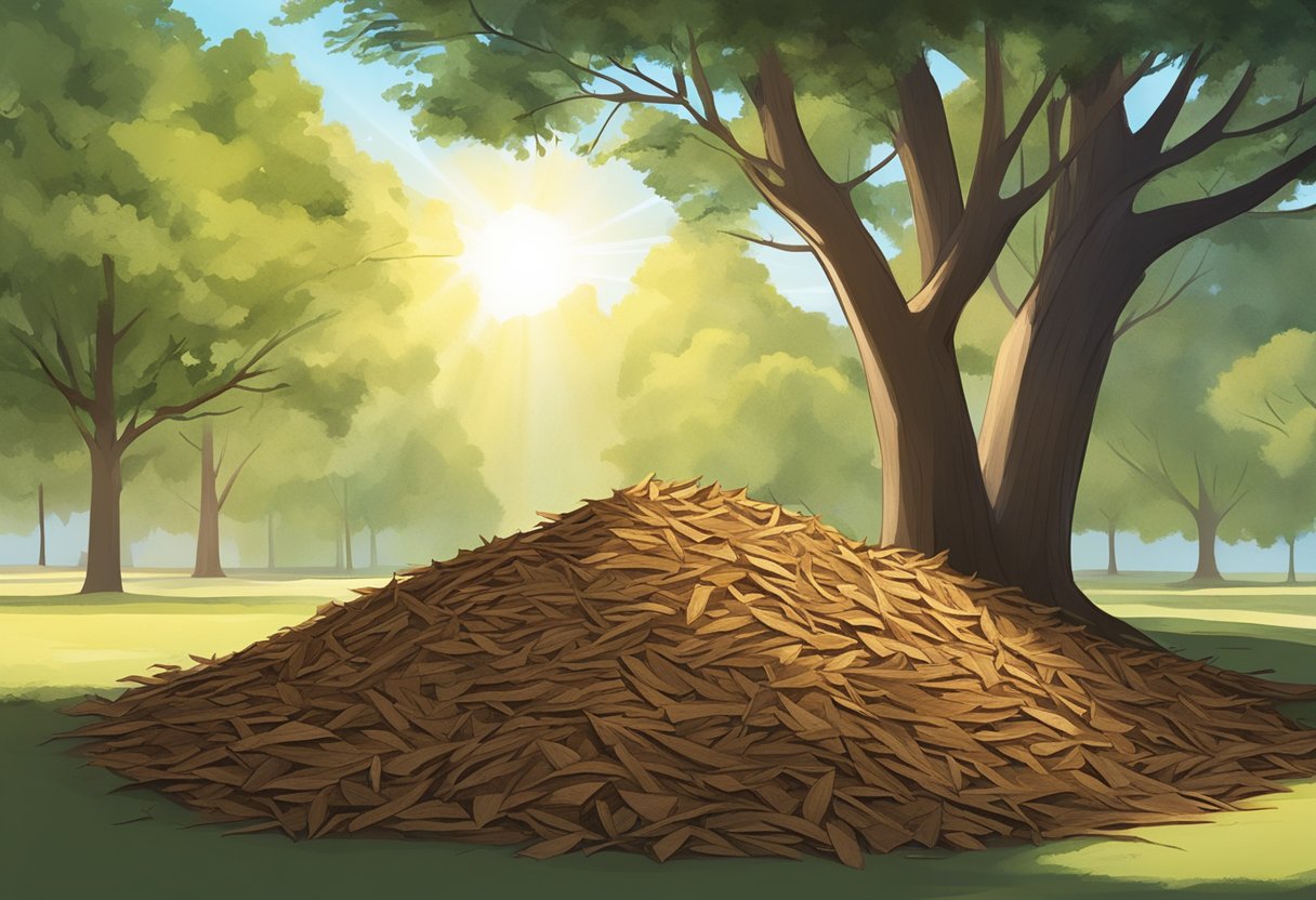 A pile of cypress mulch sits beneath the shade of a tall tree, with sunlight filtering through the leaves above