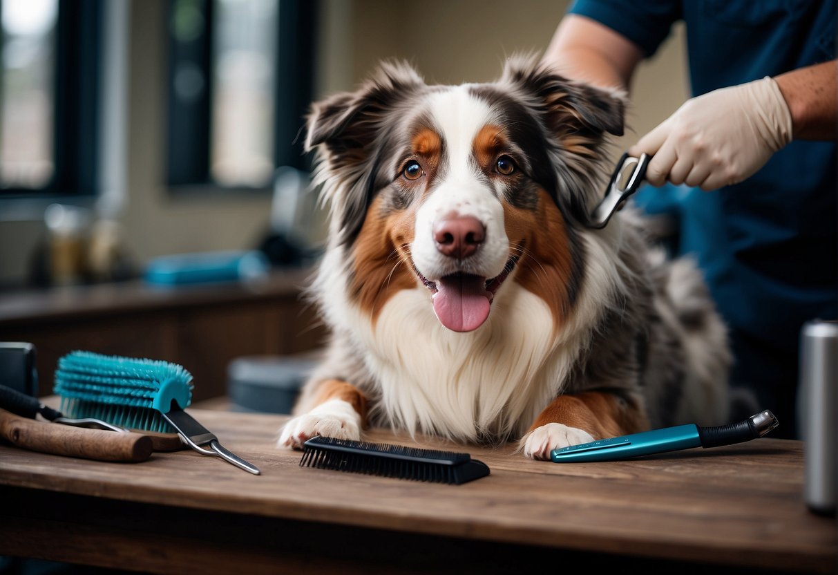 A happy Australian Shepherd getting groomed, with a brush and scissors on a grooming table