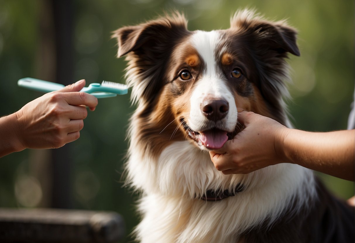 A regular grooming session for an Australian Shepherd, including brushing, bathing, and nail trimming