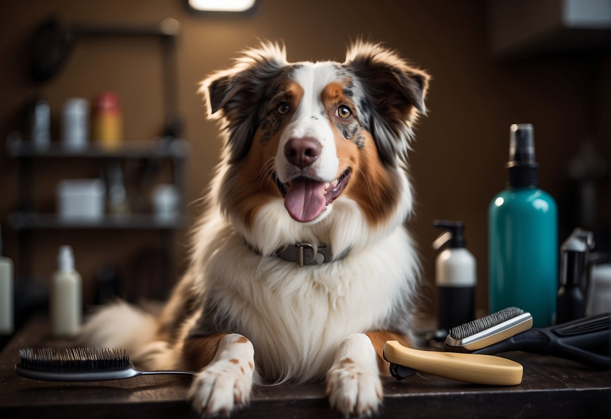 A grooming table with brushes, combs, and scissors. A happy Australian Shepherd sitting calmly as its fur is being carefully groomed