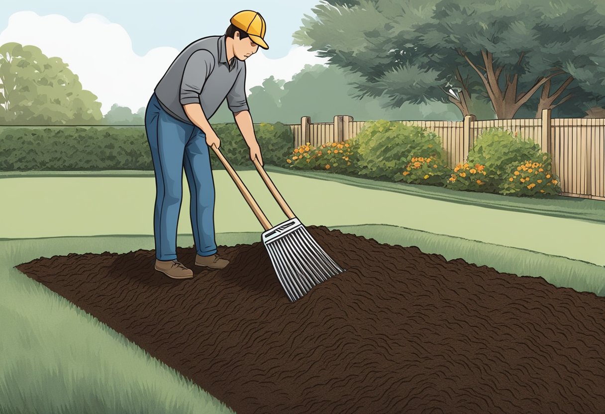 A person spreads cypress mulch in a garden bed, using a rake to distribute it evenly. The mulch is dark brown and has a fine texture, creating a neat and tidy appearance